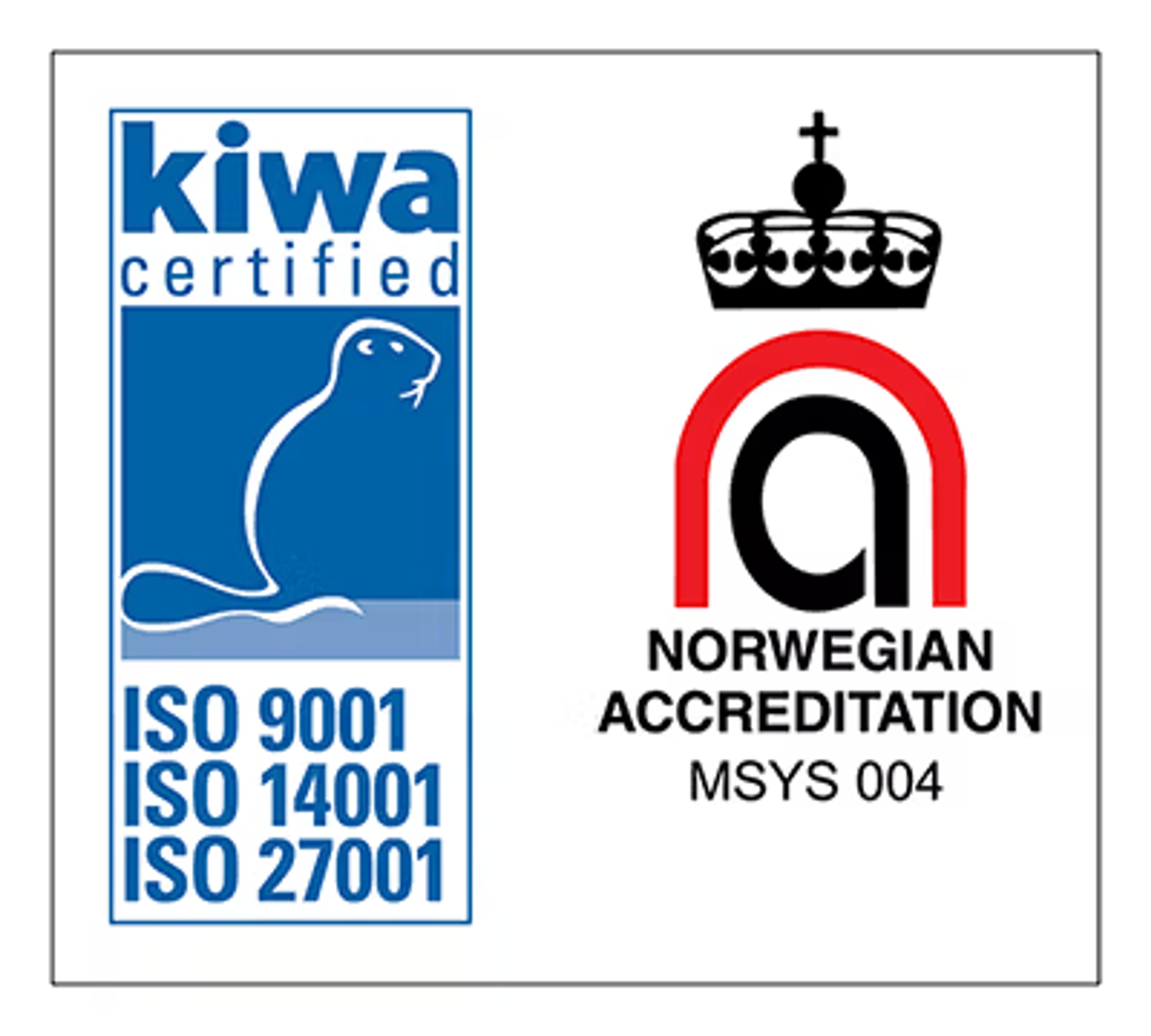 Kiwa Sertifikat for ISO 9001, 14001, og 27001, MSYS 004