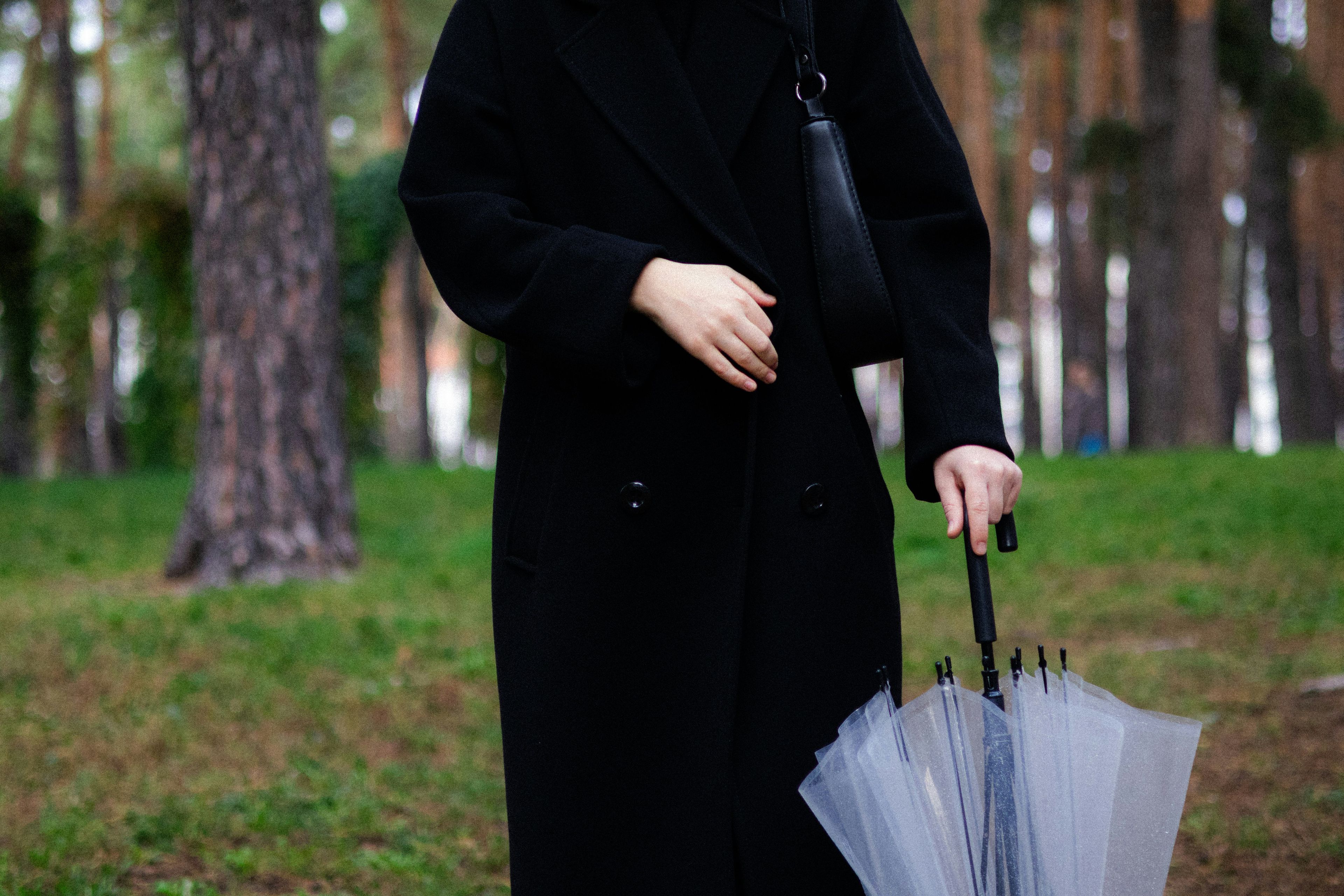 A woman in a black coat holding an umbrella