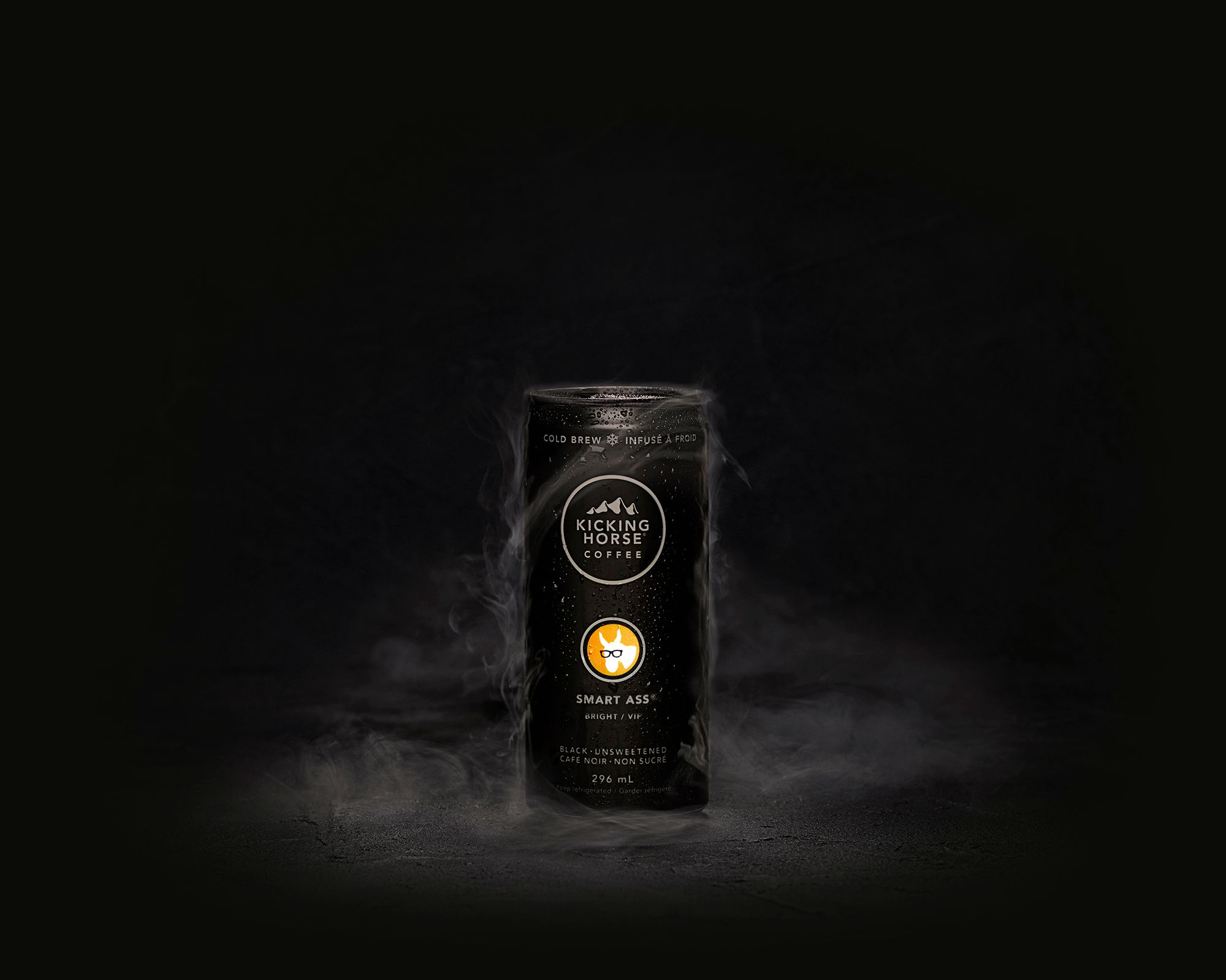 Smart Ass cold brew can with condensation and fog cloud
