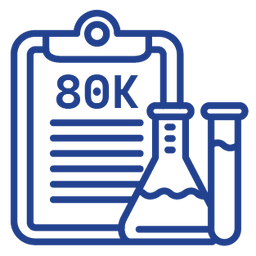 Icon of a clipboard that reads "80K" next to a beaker and a test tube