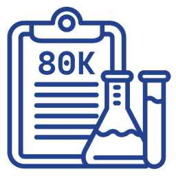 Icon of a clipboard that reads "85K" next to a beaker and a test tube