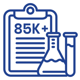 Icon of a clipboard that reads "85K" next to a beaker and a test tube