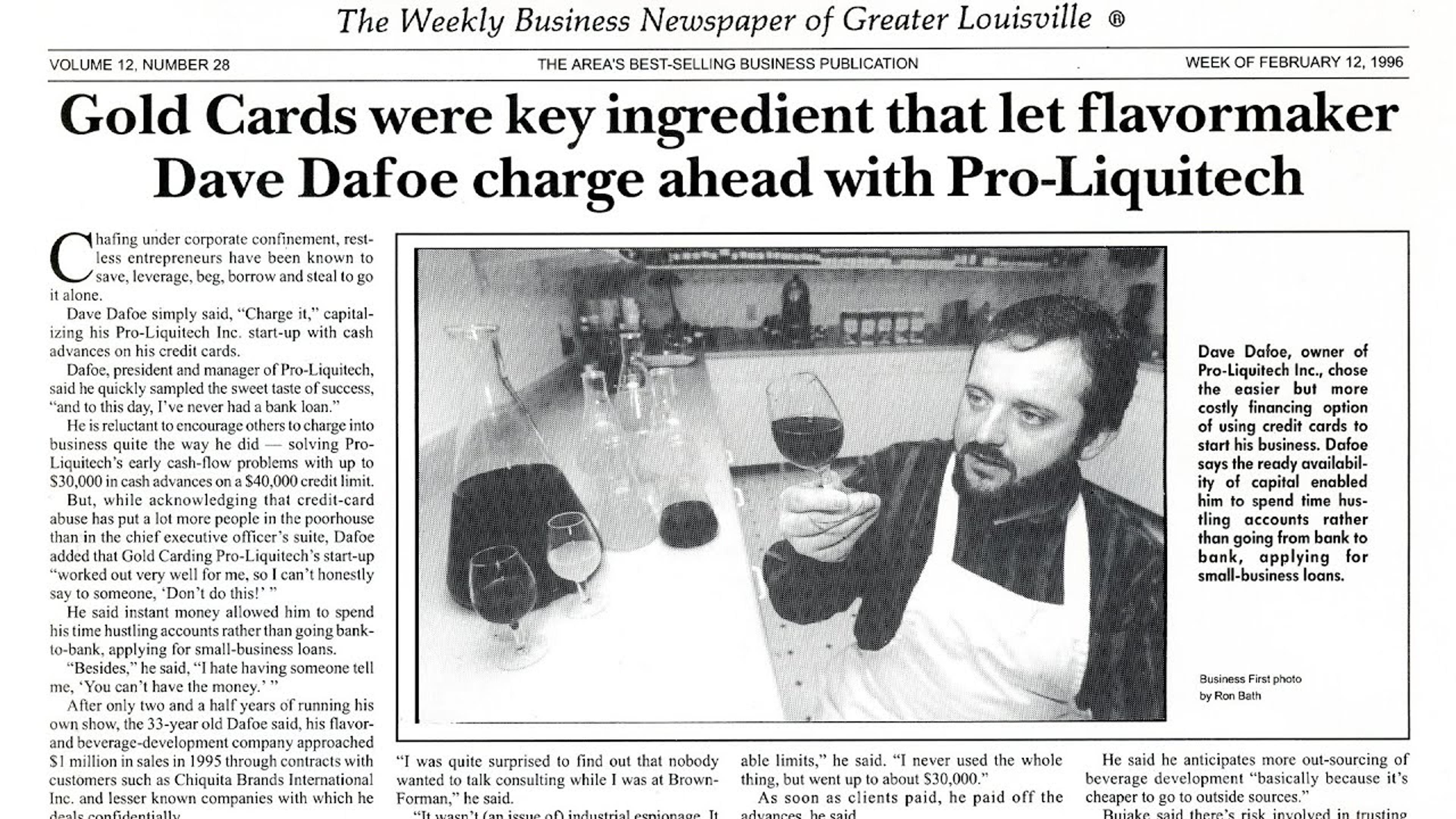 Newspaper Article: Gold cards were key ingredient that let flavormaker Dave Dafoe charge ahead with Pro-Liquitech.