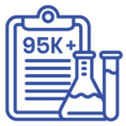 Icon of a clipboard that reads "85K" next to a beaker and a test tube