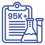 Icon of a clipboard that reads "85K" next to a beaker and a test tube