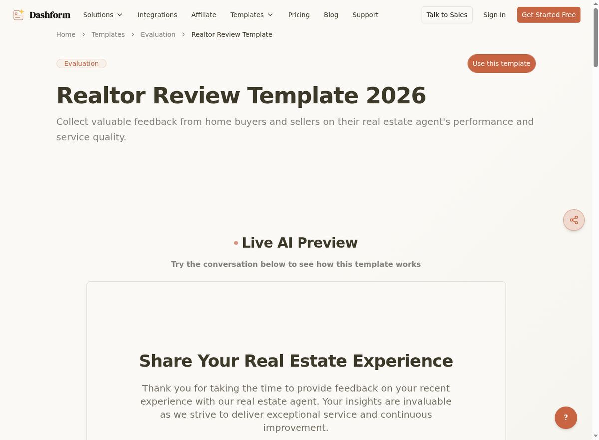Dashform Realtor Review Template template page screenshot