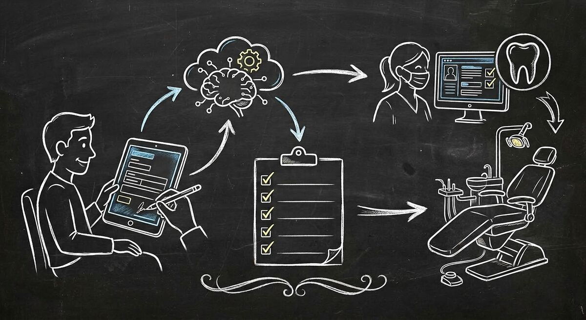 Chalkboard sketch illustration of dental patient intake automation with AI forms showing tooth icon connected to digital tablet and data flow