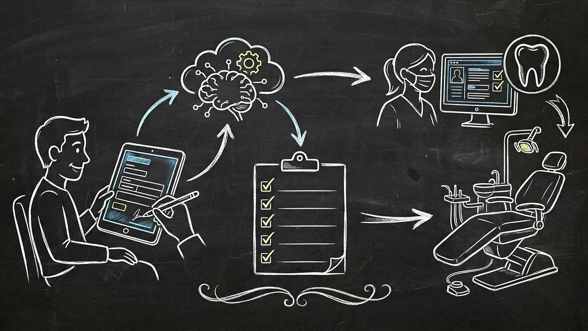 Chalkboard sketch illustration of dental patient intake automation with AI forms showing tooth icon connected to digital tablet and data flow
