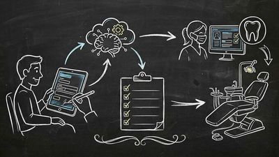 Chalkboard sketch illustration of dental patient intake automation with AI forms showing tooth icon connected to digital tablet and data flow