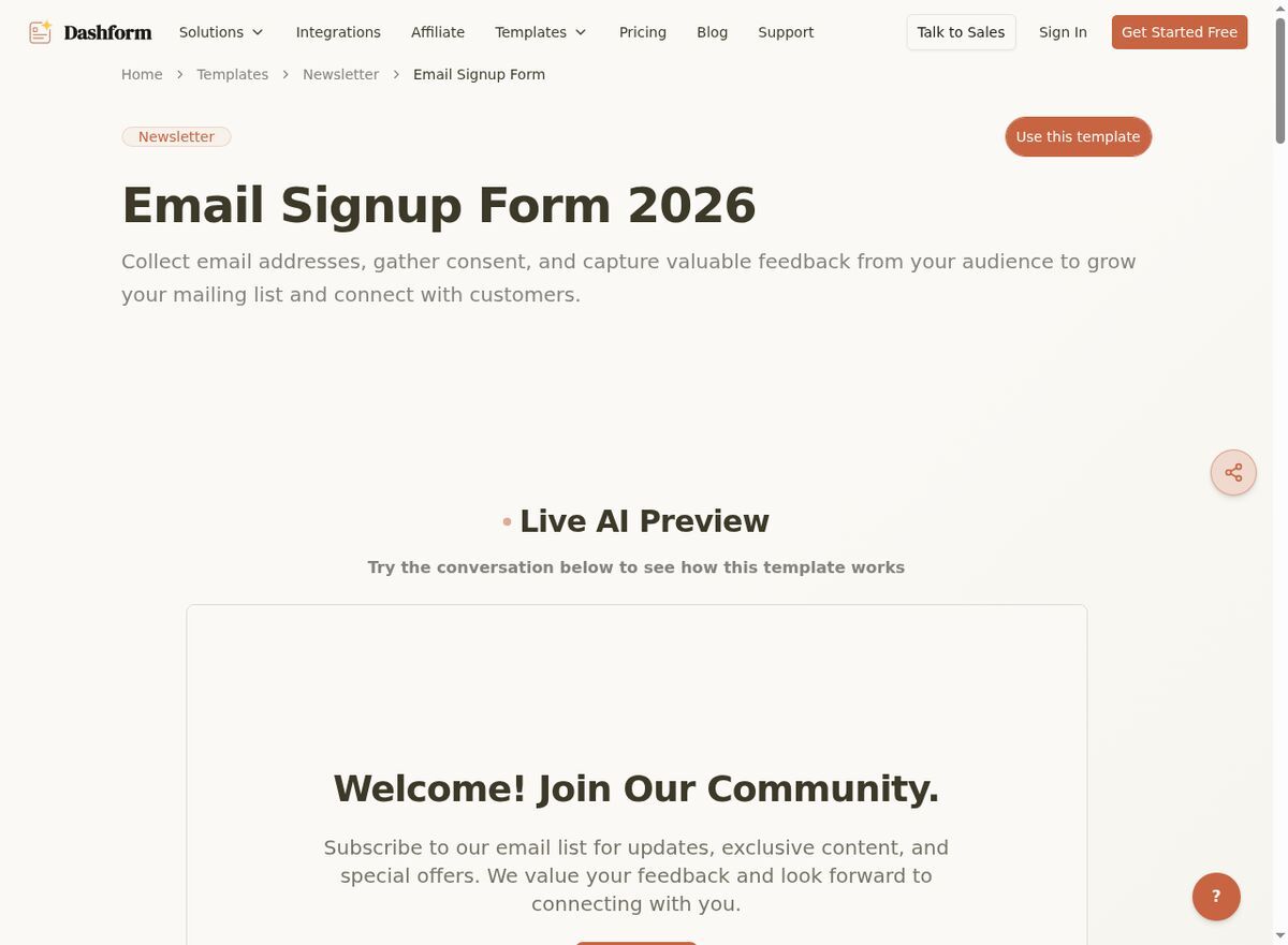 Dashform Email Signup Form template page screenshot