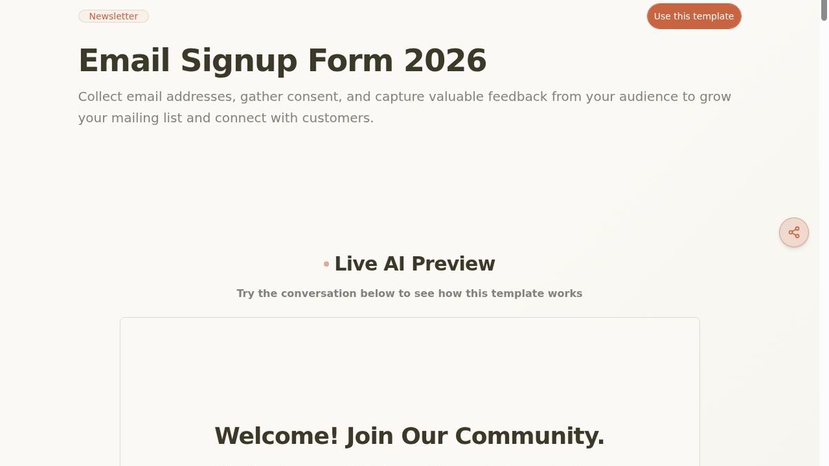 Dashform Email Signup Form template page screenshot