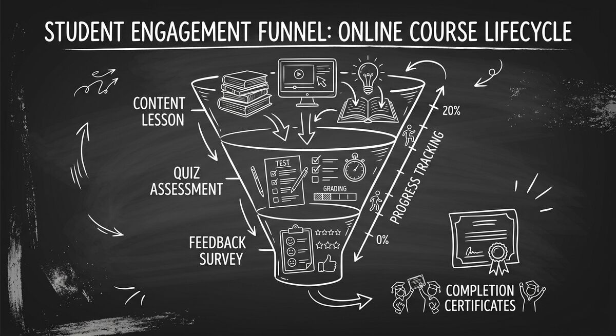 Student engagement funnel showing content lesson, quiz assessment, feedback survey, and completion certificates