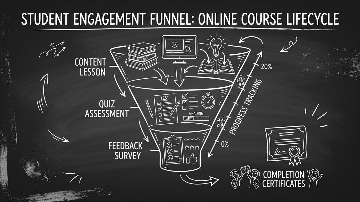 Student engagement funnel showing content lesson, quiz assessment, feedback survey, and completion certificates