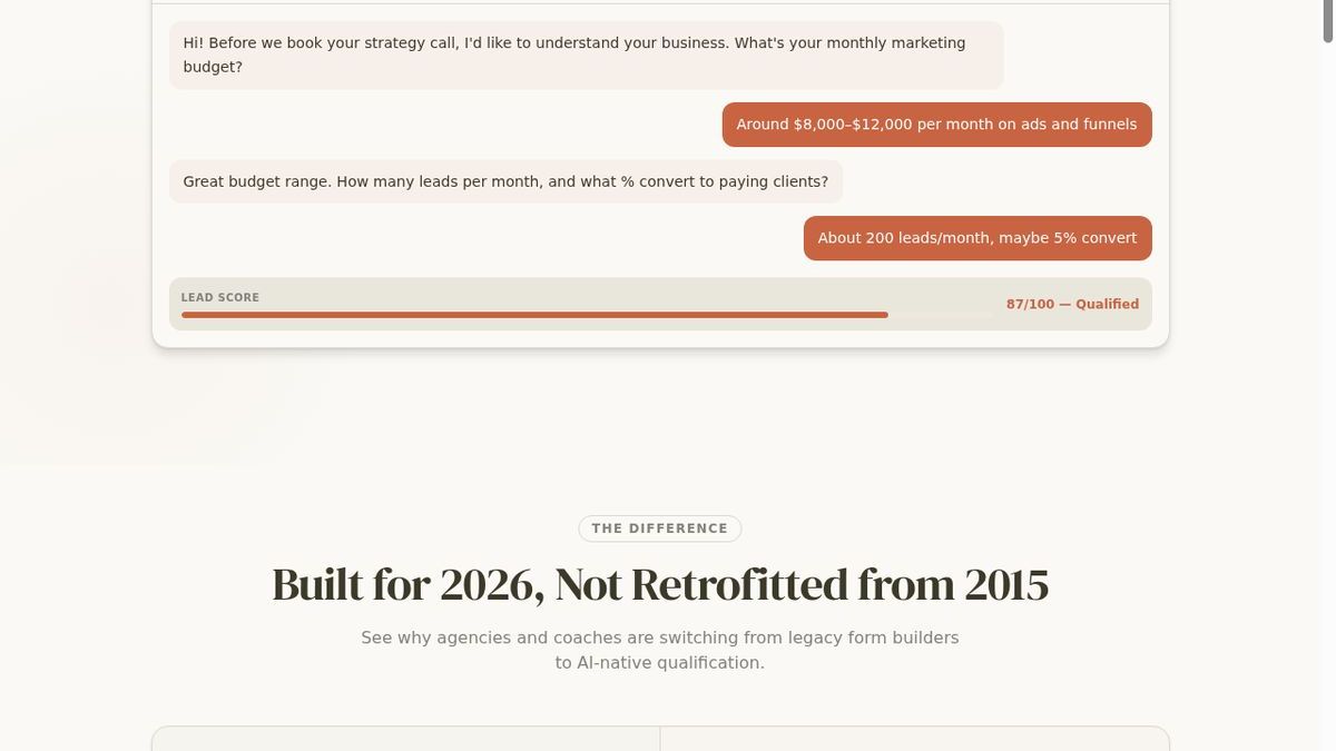 Dashform features including AI-powered form generation, adaptive questions, and real-time lead scoring