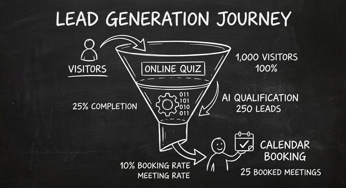 Lead generation funnel showing visitor entering quiz, AI qualifying in middle, and booking at bottom