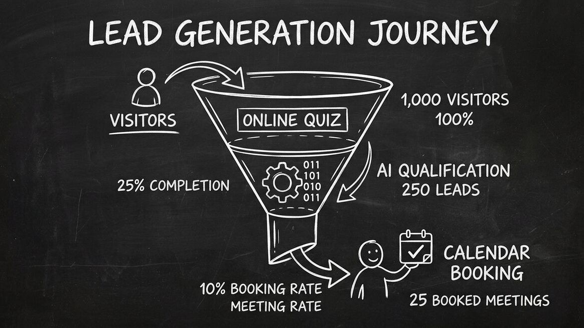 Lead generation funnel showing visitor entering quiz, AI qualifying in middle, and booking at bottom