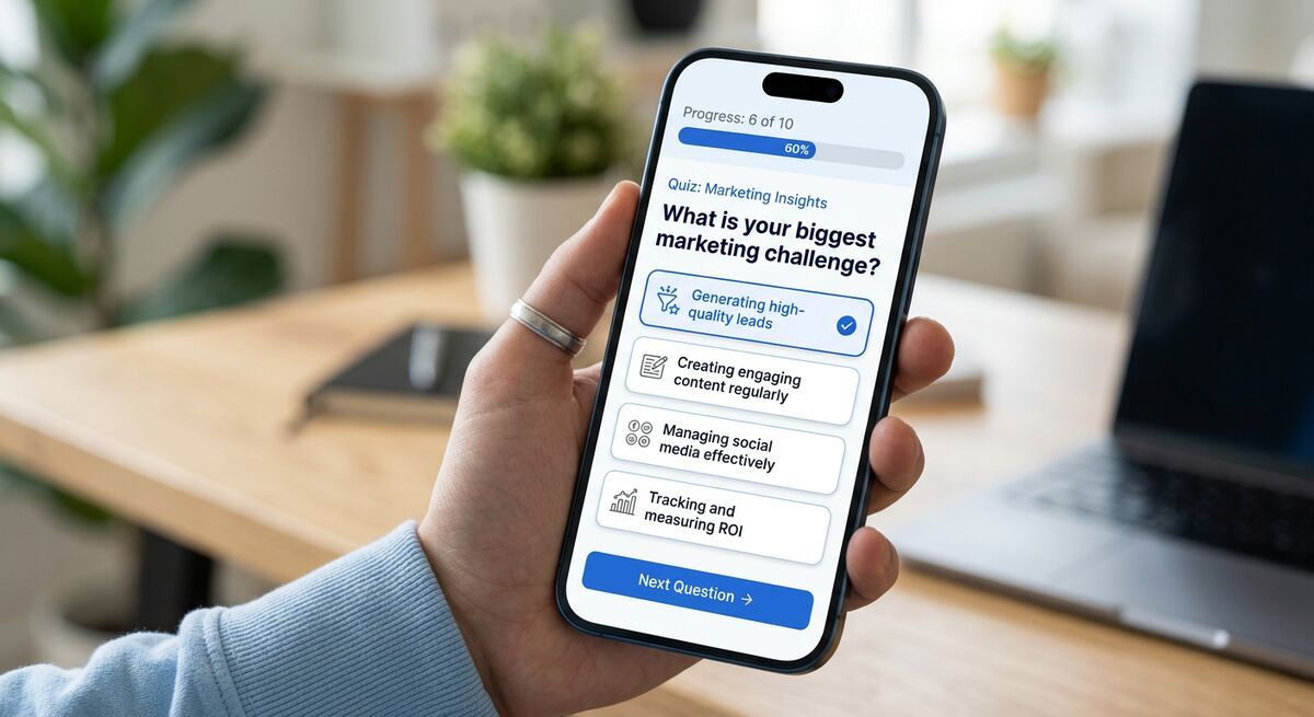 Interactive quiz interface mockup with progress bar and answer options on mobile