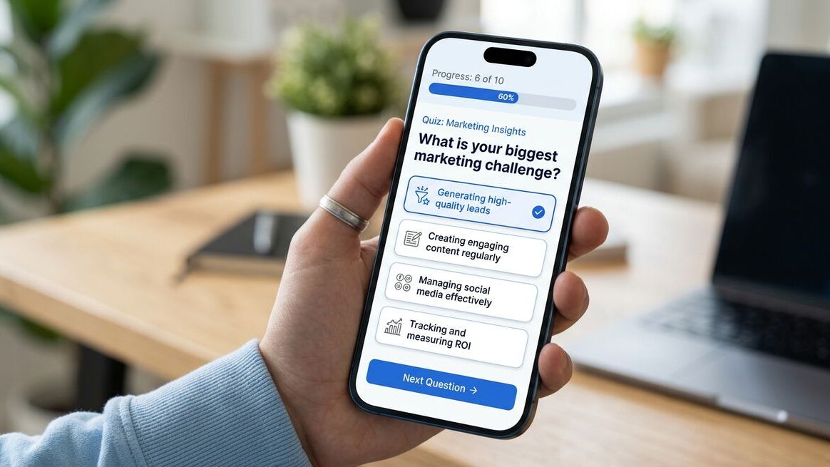 Interactive quiz interface mockup with progress bar and answer options on mobile