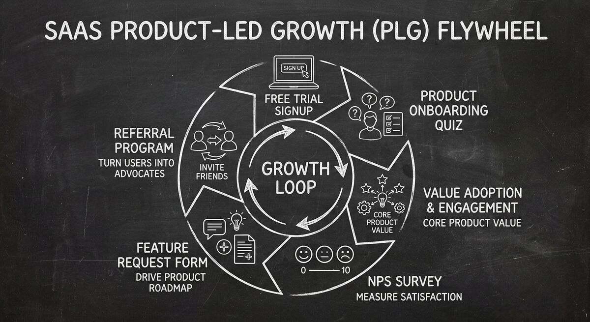 SaaS product-led growth flywheel showing quiz, onboarding, NPS survey, and feature request loop