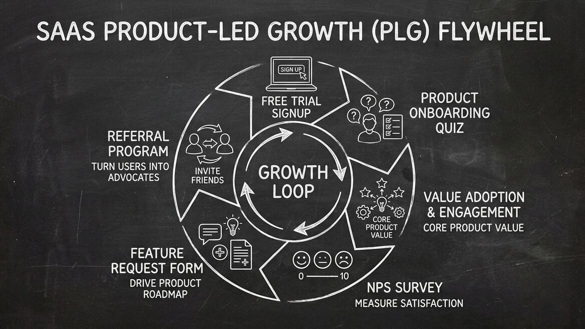 SaaS product-led growth flywheel showing quiz, onboarding, NPS survey, and feature request loop