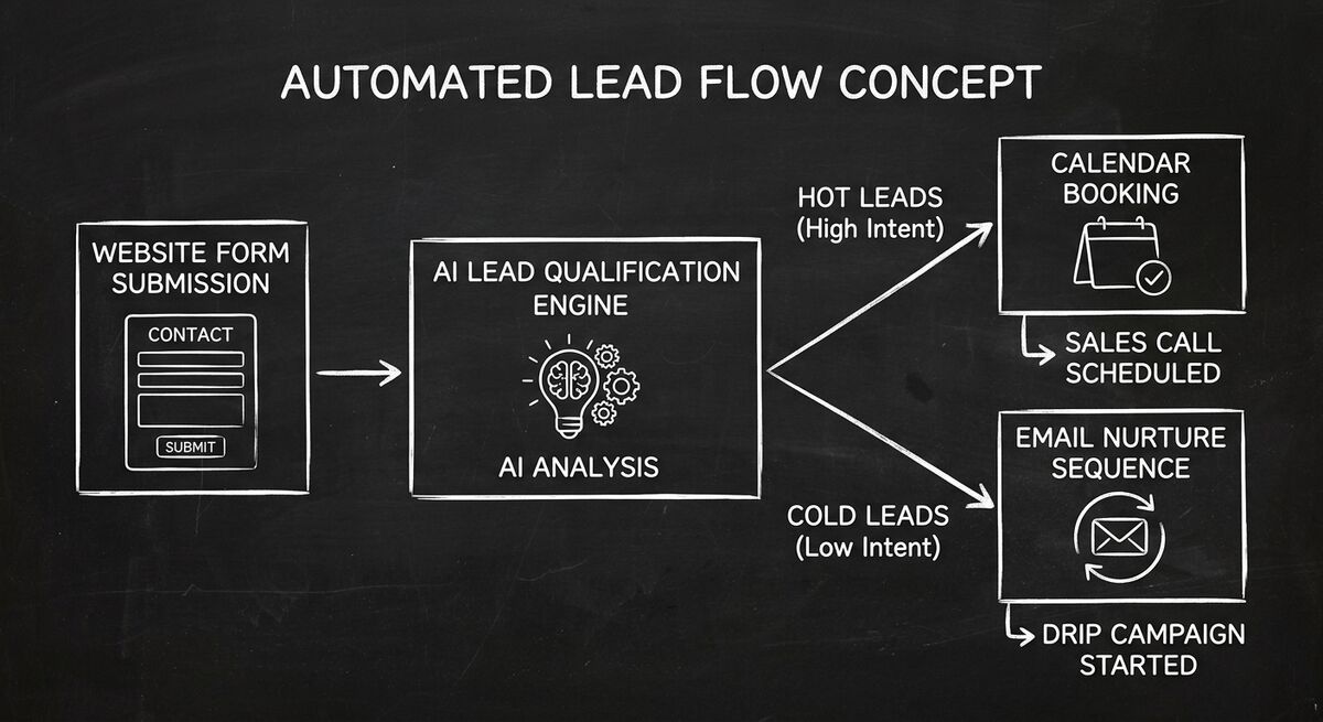 AI qualification workflow showing form submission flowing to lead scoring and automated routing