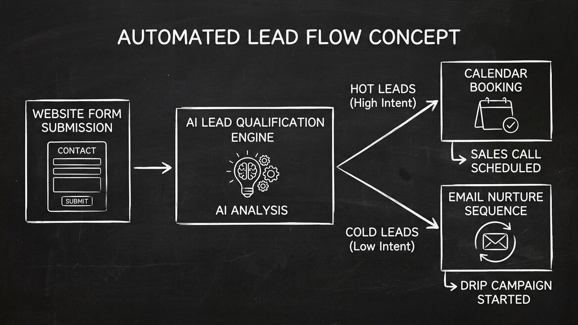 AI qualification workflow showing form submission flowing to lead scoring and automated routing
