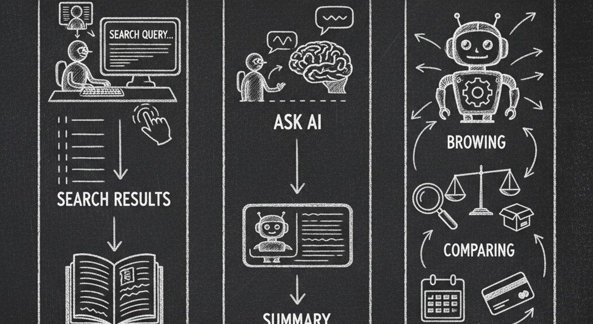 Chalkboard illustration comparing three user journeys: traditional search, AI search, and autonomous agent commerce