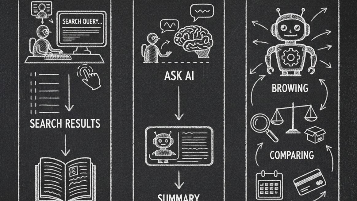 Chalkboard illustration comparing three user journeys: traditional search, AI search, and autonomous agent commerce