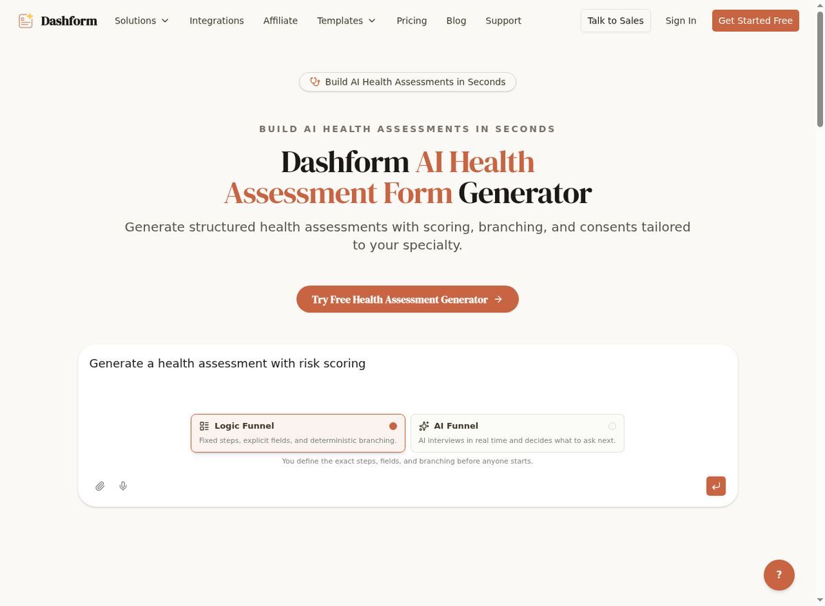 Dashform AI Health Assessment Form Generator interface for creating risk-aware medical intake forms
