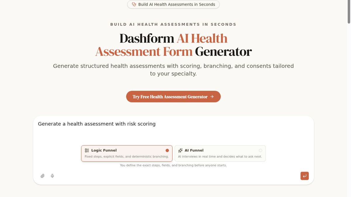 Dashform AI Health Assessment Form Generator interface for creating risk-aware medical intake forms