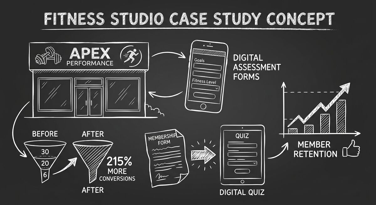 Chalkboard style illustration of Apex Performance Studios fitness case study showing digital member conversion transformation with 215% growth