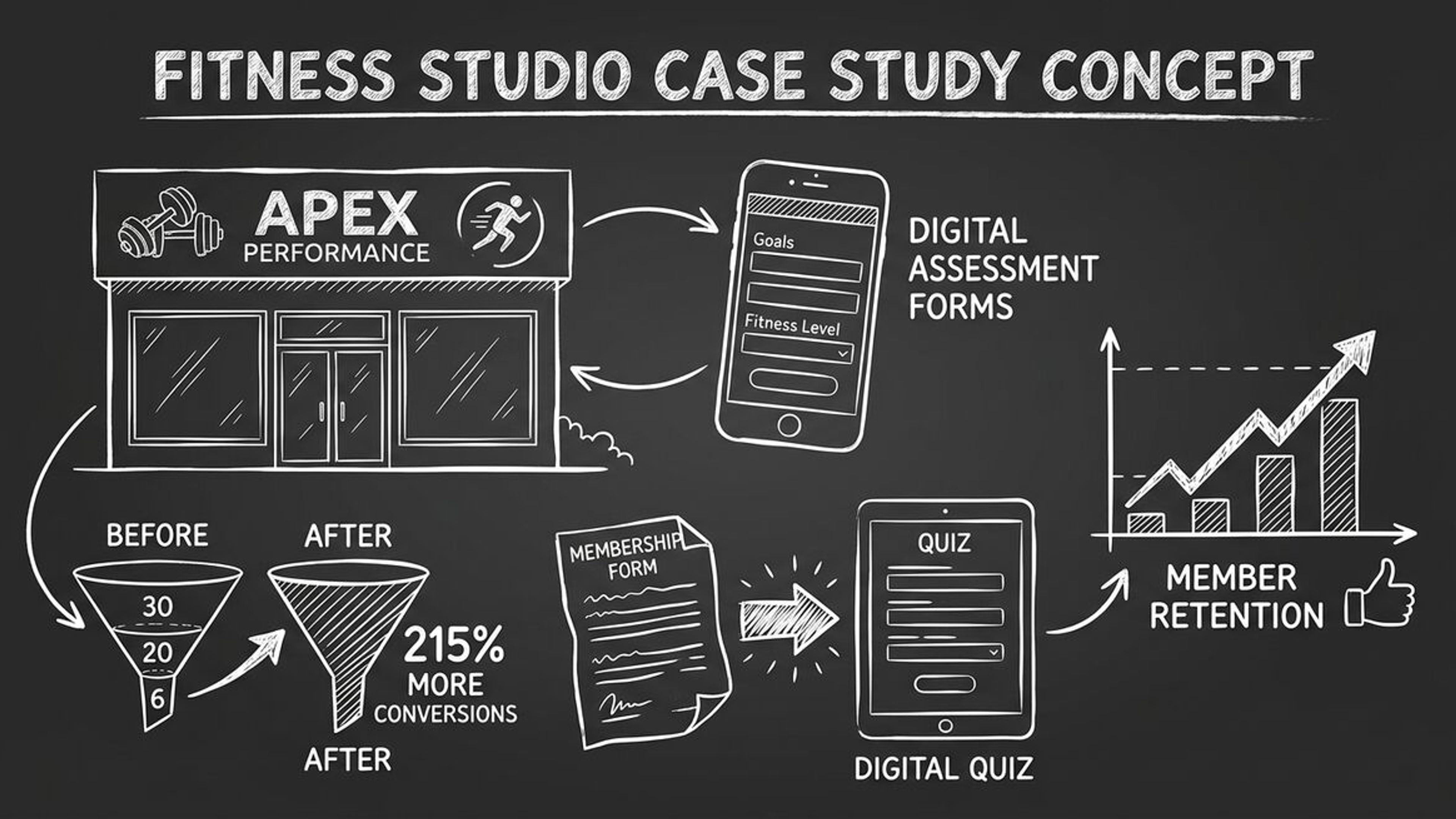 Chalkboard style illustration of Apex Performance Studios fitness case study showing digital member conversion transformation with 215% growth