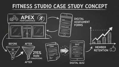 Chalkboard style illustration of Apex Performance Studios fitness case study showing digital member conversion transformation with 215% growth