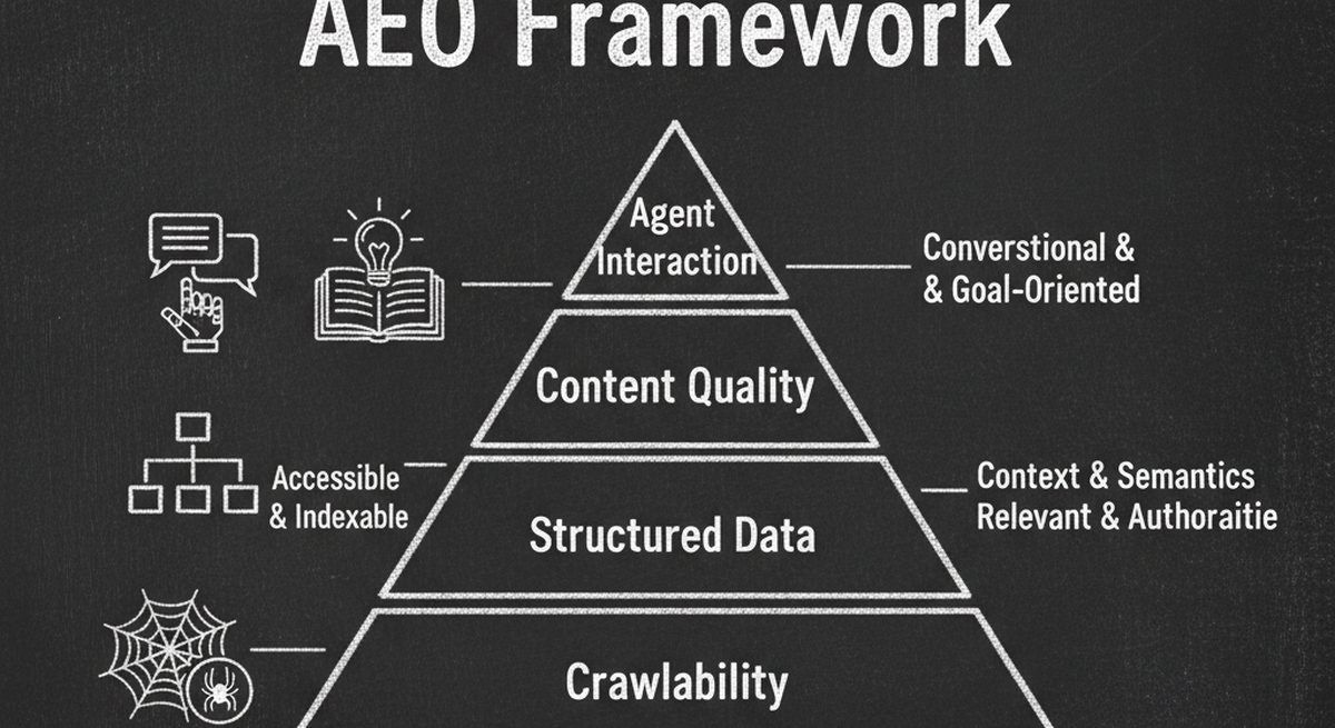 Chalkboard illustration showing AEO optimization framework as a pyramid with layers for Crawlability, Structured Data, Content Quality, and Agent Interaction