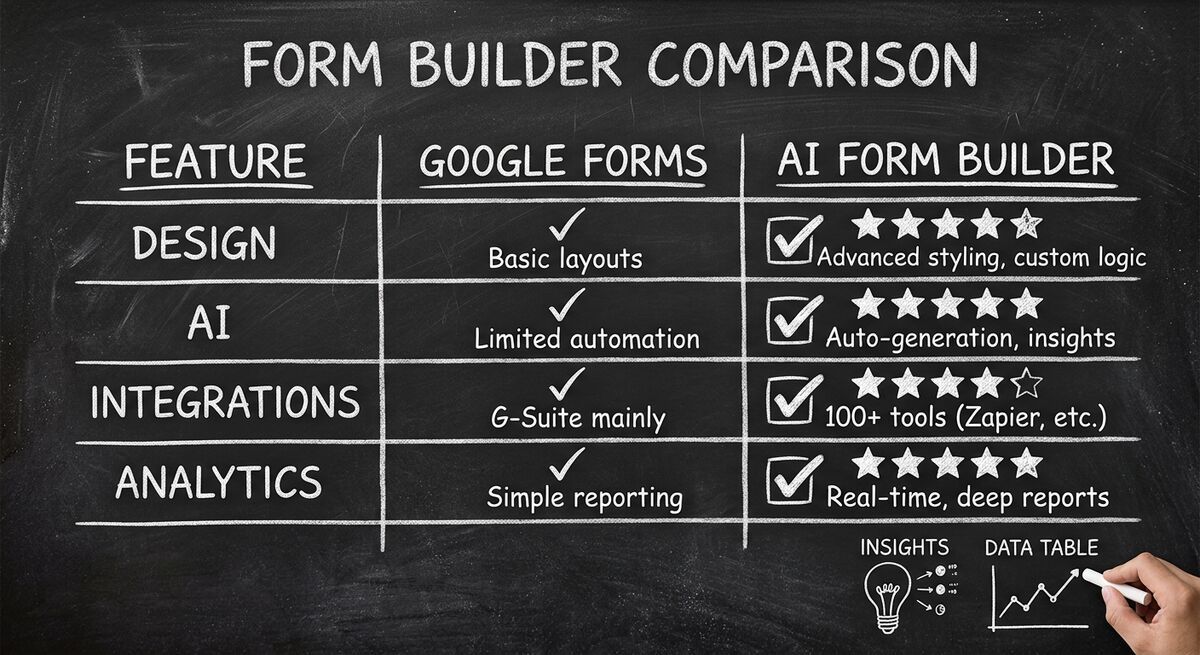 Feature comparison table: Google Forms vs AI form builders