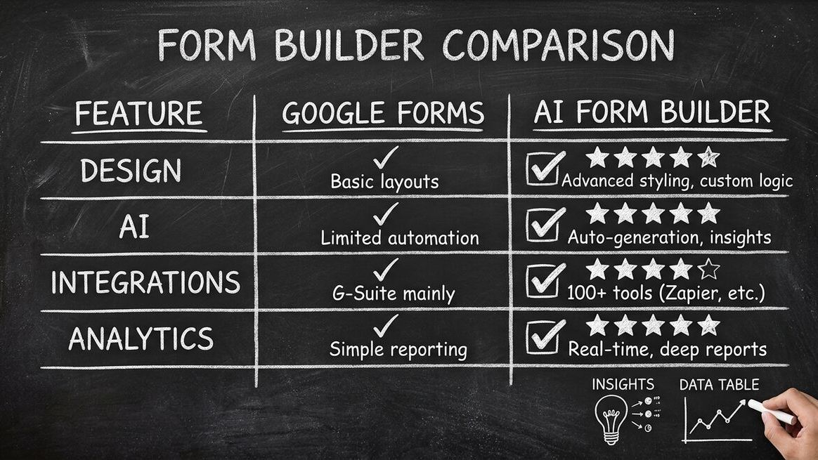 Feature comparison table: Google Forms vs AI form builders