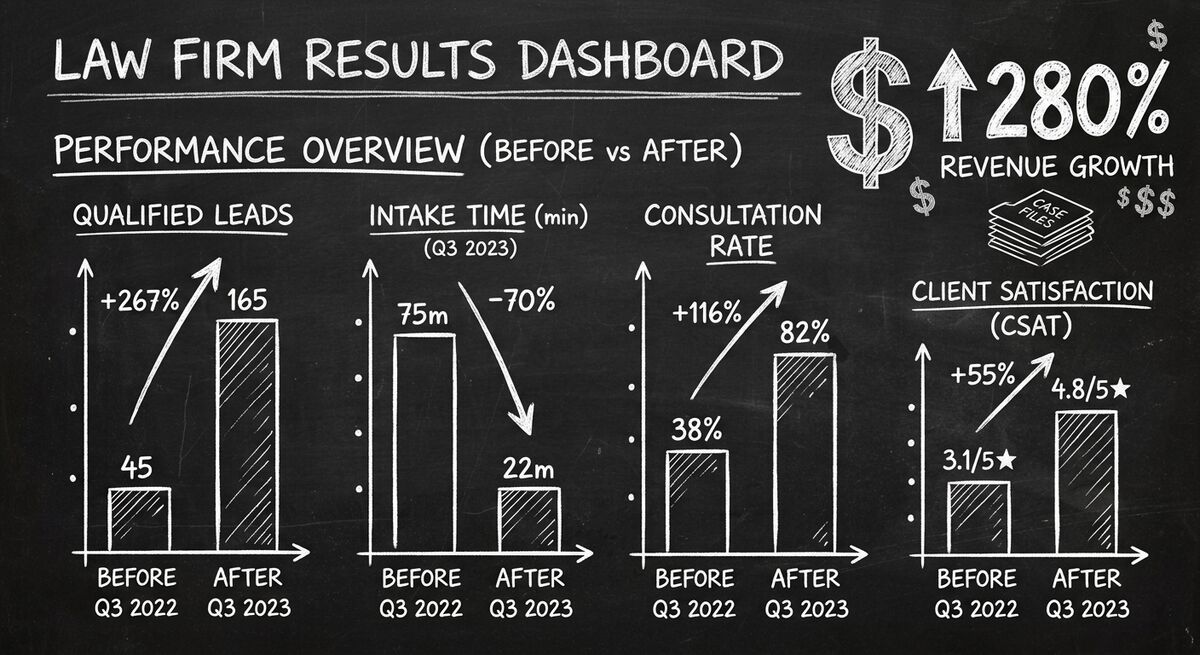 Before and after results dashboard showing Sterling & Associates performance improvements across all key metrics