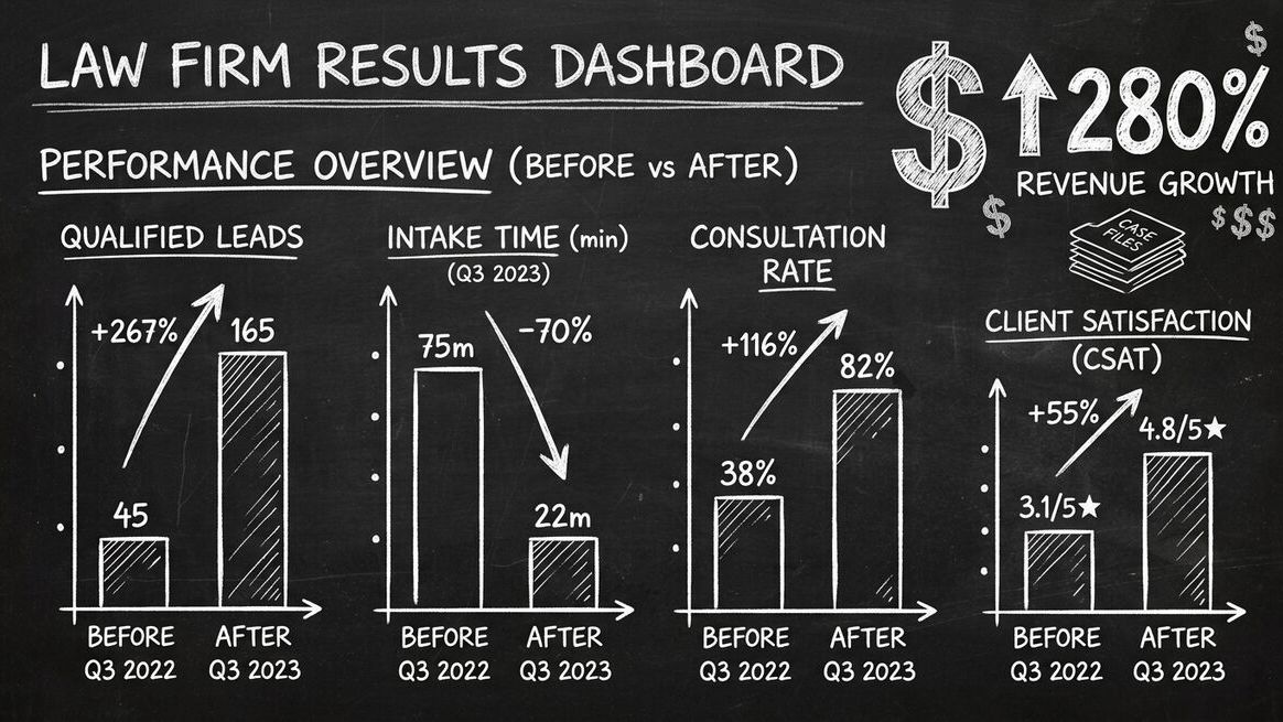 Before and after results dashboard showing Sterling & Associates performance improvements across all key metrics