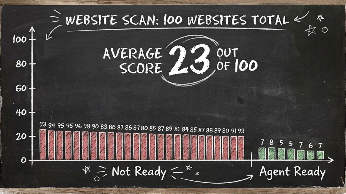 Bar chart showing 93 out of 100 websites scored Not Ready with average AX Score of 23