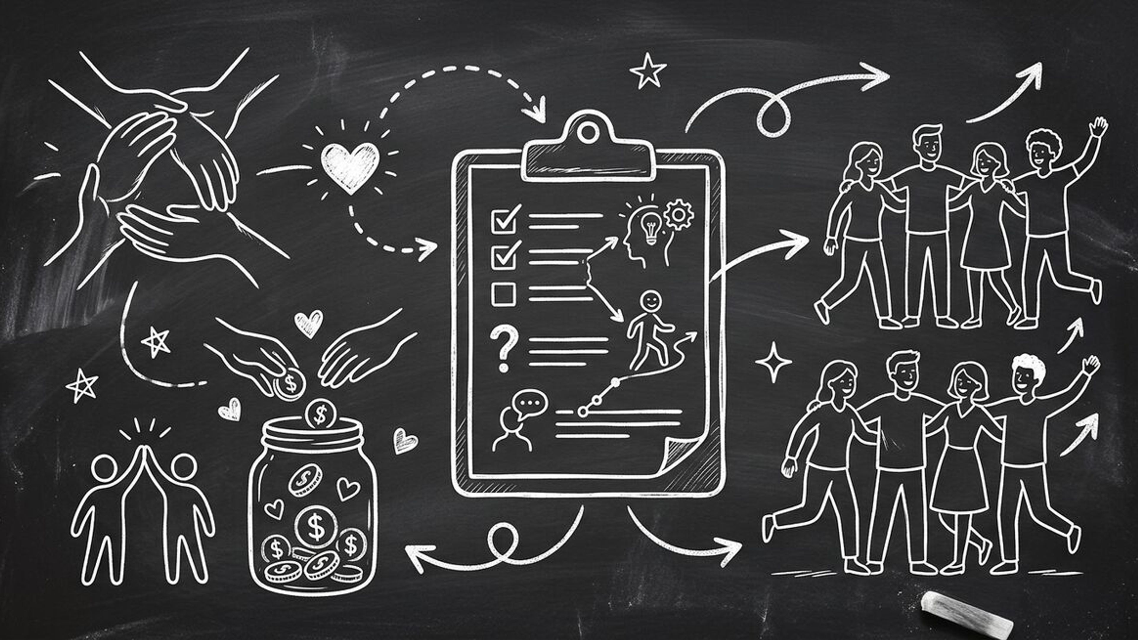 Chalkboard sketch illustration of nonprofit AI form automation showing helping hands and heart connected to clipboard form and people joining together