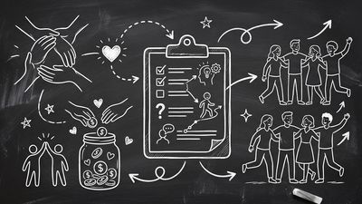 Chalkboard sketch illustration of nonprofit AI form automation showing helping hands and heart connected to clipboard form and people joining together