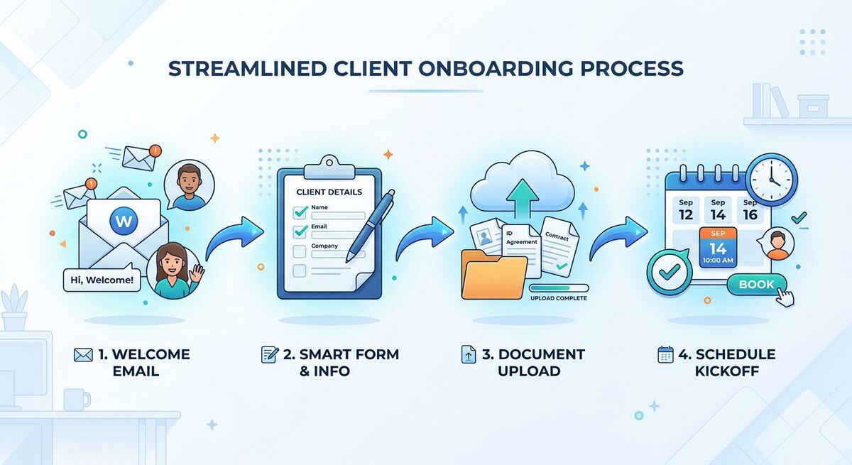 Streamlined client onboarding flow showing welcome email, smart form, document upload, and calendar booking