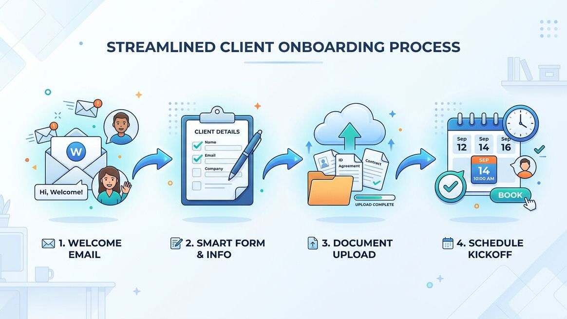 Streamlined client onboarding flow showing welcome email, smart form, document upload, and calendar booking