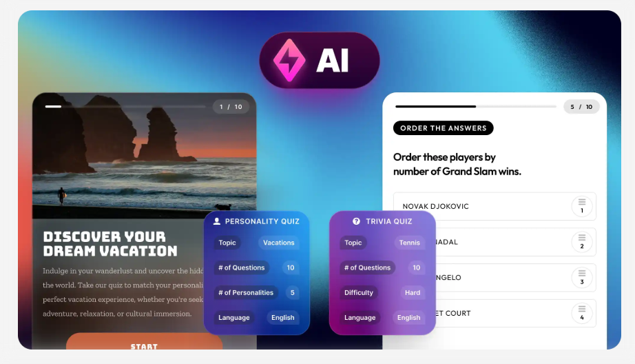 An AI-powered quiz application interface displaying a personality quiz about vacations and a tennis trivia quiz.
