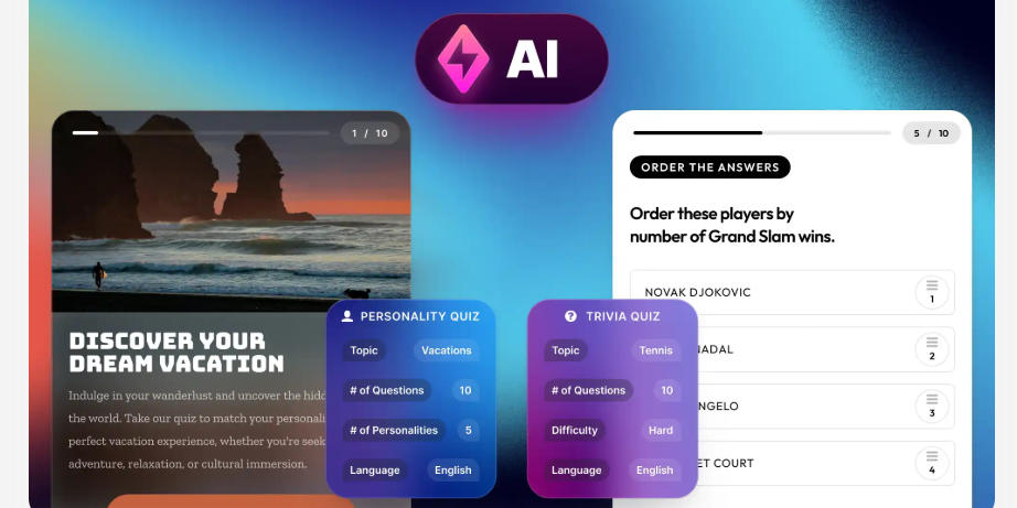 An AI-powered quiz application interface displaying a personality quiz about vacations and a tennis trivia quiz.