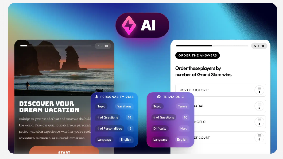 An AI-powered quiz application interface displaying a personality quiz about vacations and a tennis trivia quiz.