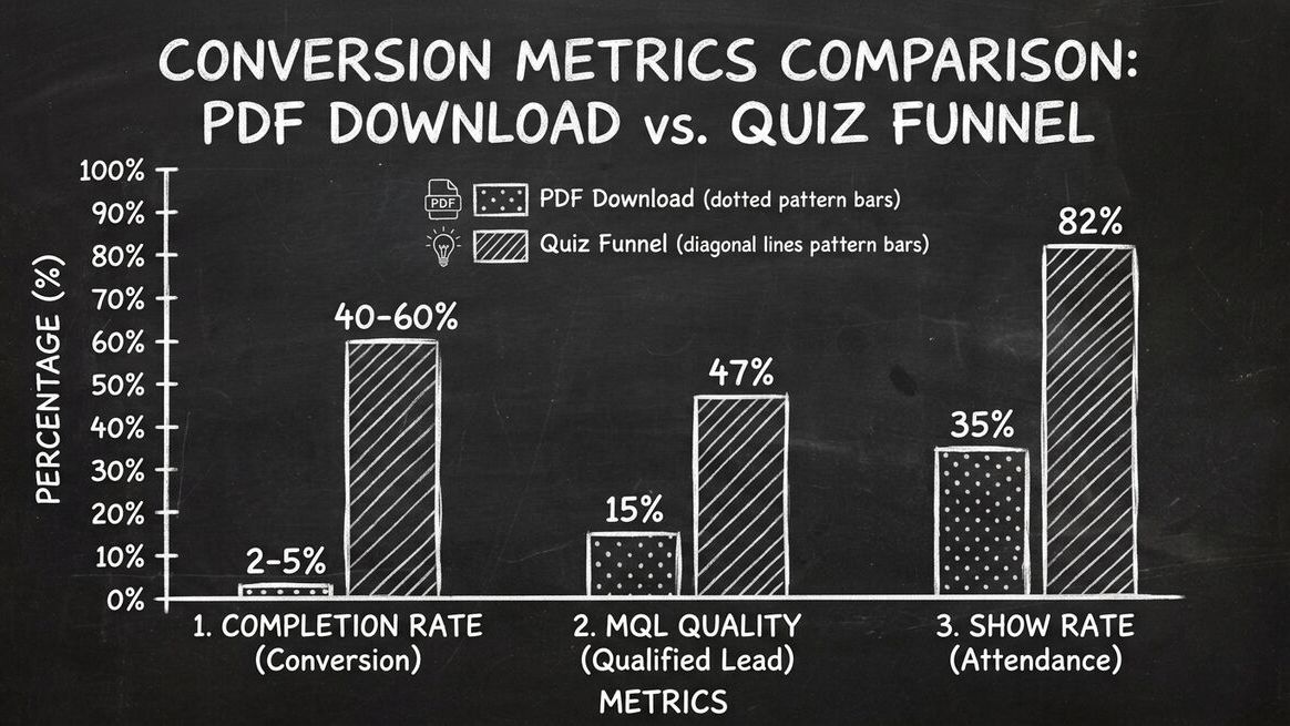 Side-by-side conversion metrics comparison between PDF downloads and quiz funnels