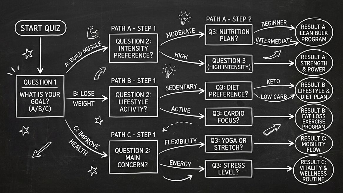 Multi-step quiz funnel with branching conditional logic and personalized question paths