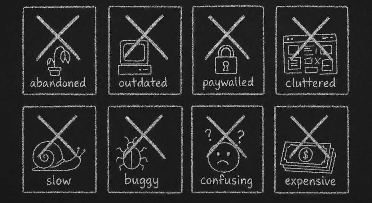 Eight excluded tools, each marked with a reason for cut