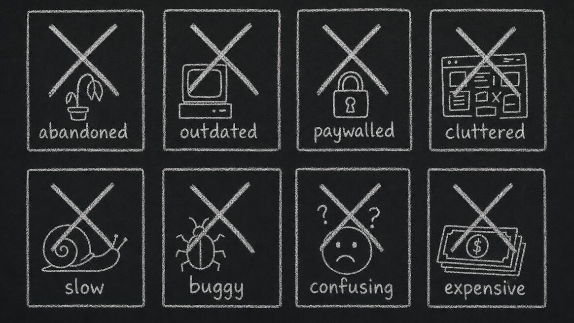 Eight excluded tools, each marked with a reason for cut